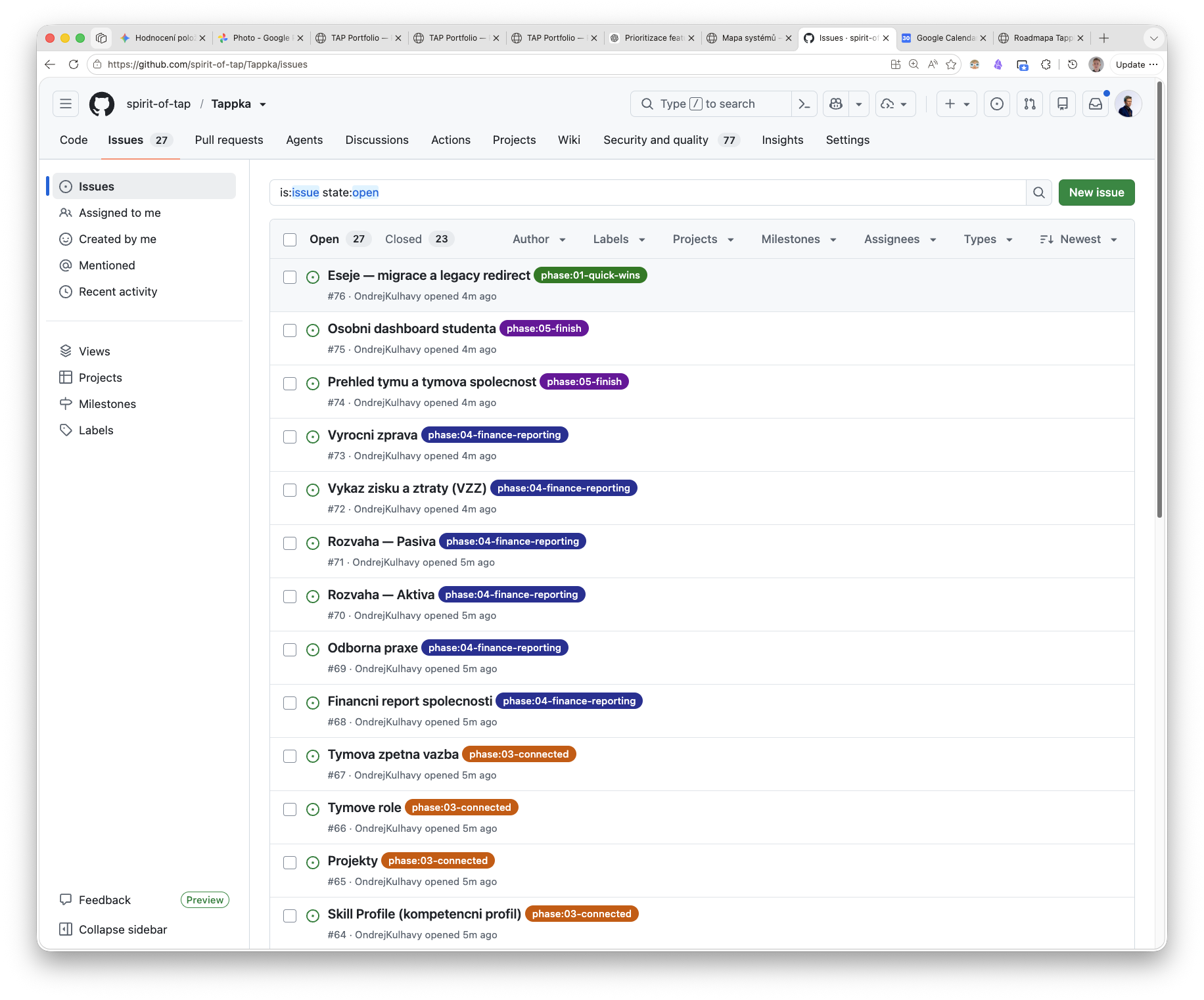 Přehled GitHub issues